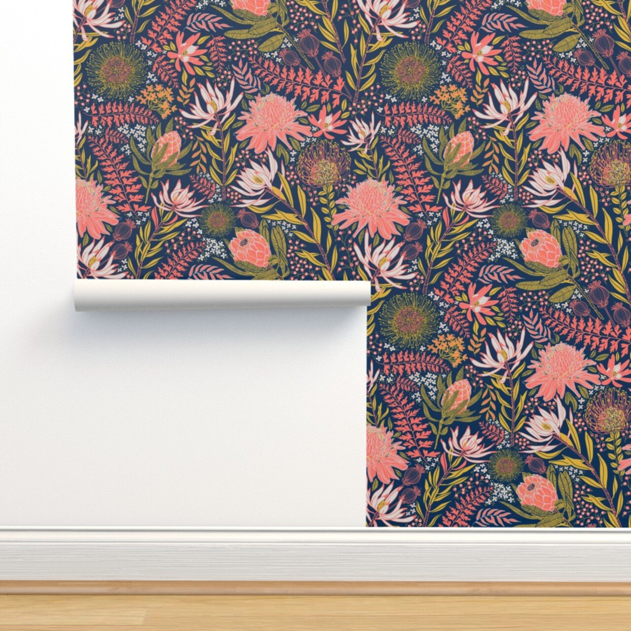Coral Protea Hawaiian Flowers Tropical Florals Australian Navy Blush Mustard Custom Removable Wallpaper by Spoonflower Peel & Stick Wallpaper 2FT Wide